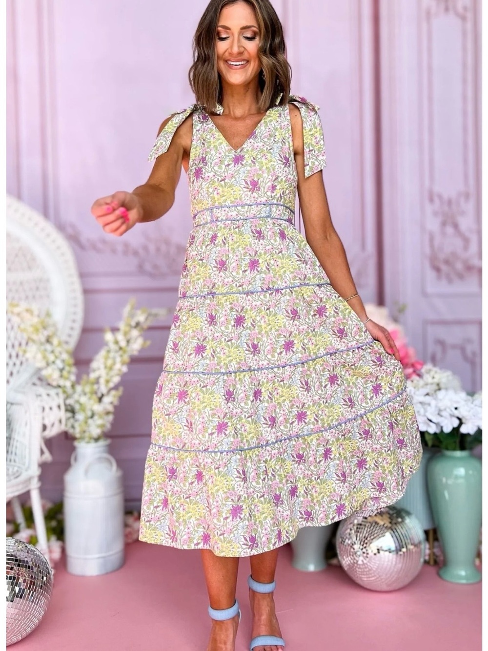 Just Me Pink Multi Floral V Neck Tied Shoulder Tiered Midi Dress NWT